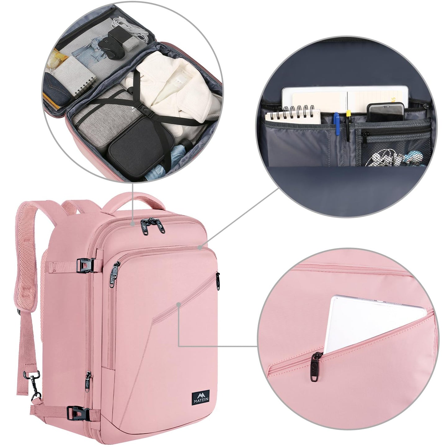 MATEIN 45L Womens Travel Backpack, Extra Large Carryon Backpack Fits Underseat & Overhead Bin, Cute Weekender Daypack for Travel on Airplane, Traveling Accessories for Women, Pink