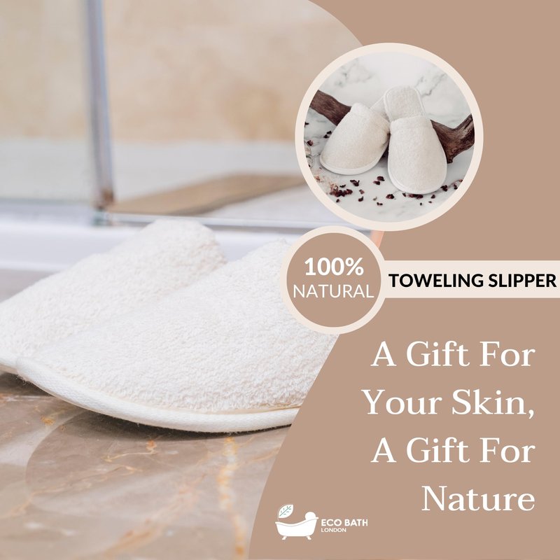 Eco Bath London Natural Toweling Slippers - GOTS Certified 100% Organic Cotton, Ultra Soft Machine Washable Spa Slippers for Bath and Home, Non-Slip Sole, Eco Friendly Unisex Gift (S)