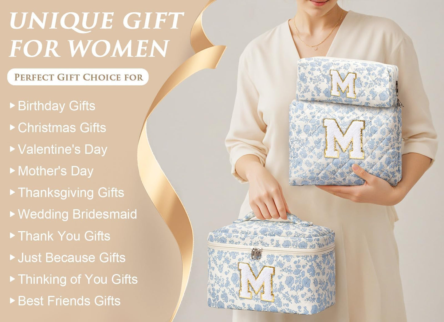Birthday Gifts for Teen Girl Women, Personalized Initial Makeup Bag Quilted Cosmetic Bag Make Up Bags Travel Toiletry Bags Teen Girl Gifts Trendy Stuff Mothers Day Gift for Wife Mom Daughter Friends