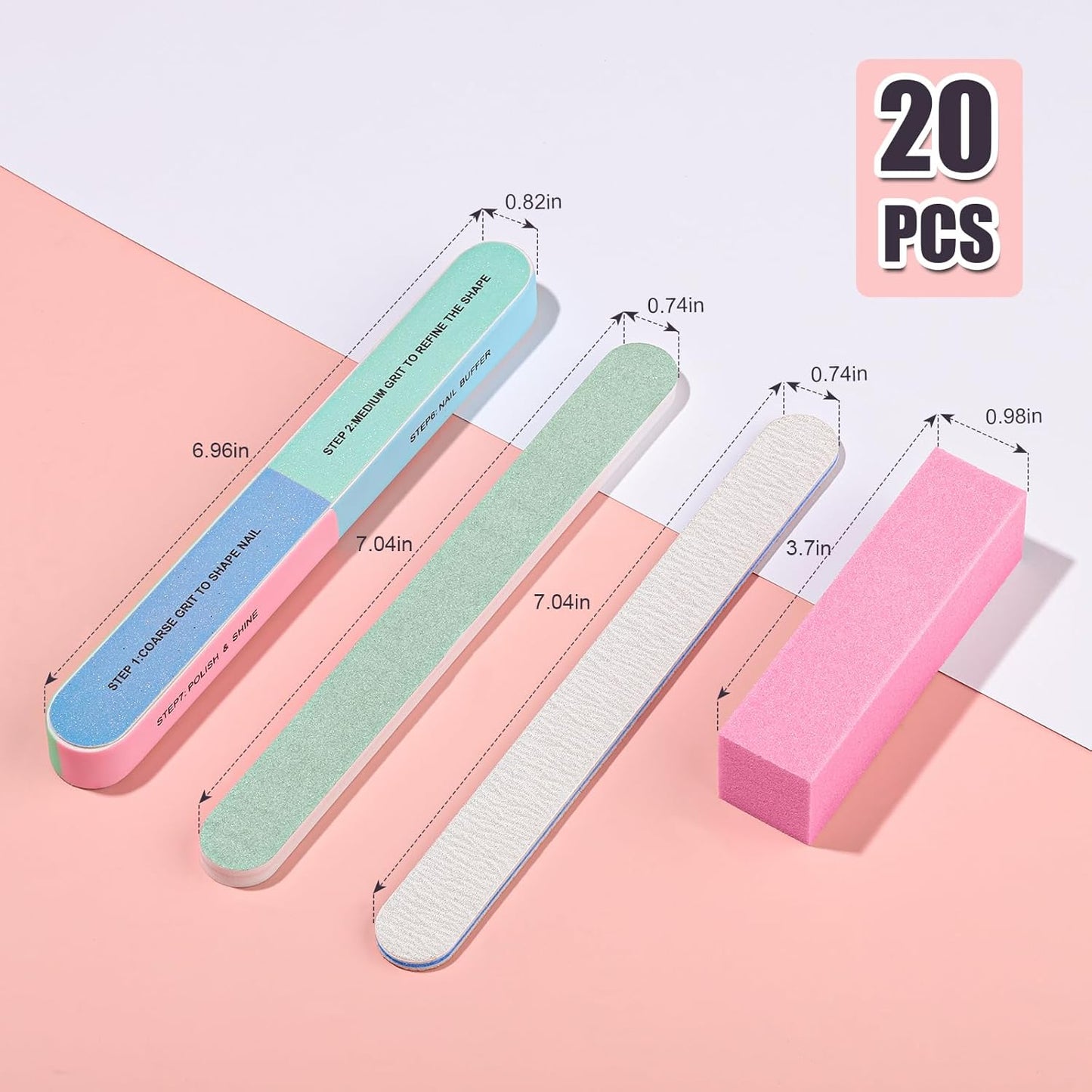 FANDAMEI Nail Files and Buffers, 20PCS Nail File Kit. Rectangular Nail Buffer Block & 100/180 Grit 7 Way Nail File & Polishing Buffer. Nail Prep Kit. Professional Manicure Nail Tools