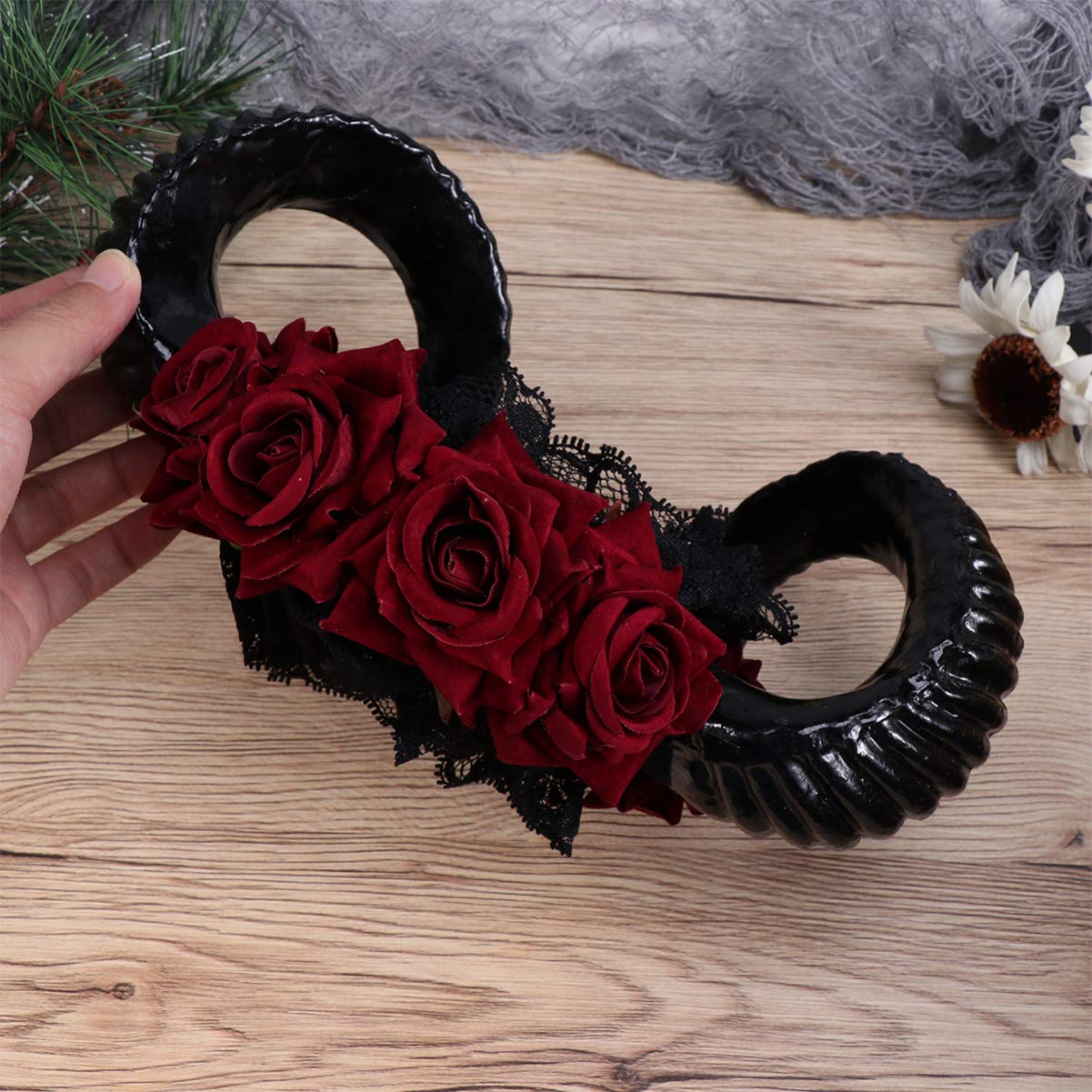 Beaupretty Gothic Restyle Sheep Horn Headband,Devil Floral Hornsn Headpiece Hair Accessories Hair Hoops Headdress for Halloween Cosplay