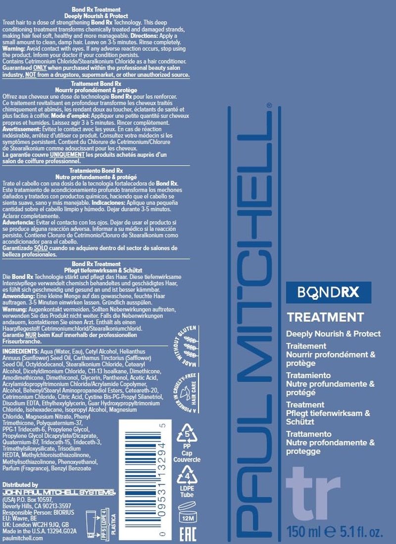 Paul Mitchell Bond Rx Treatment, Deeply Nourishes + Protects, For Chemically Treated + Damaged Hair, 5.1 oz