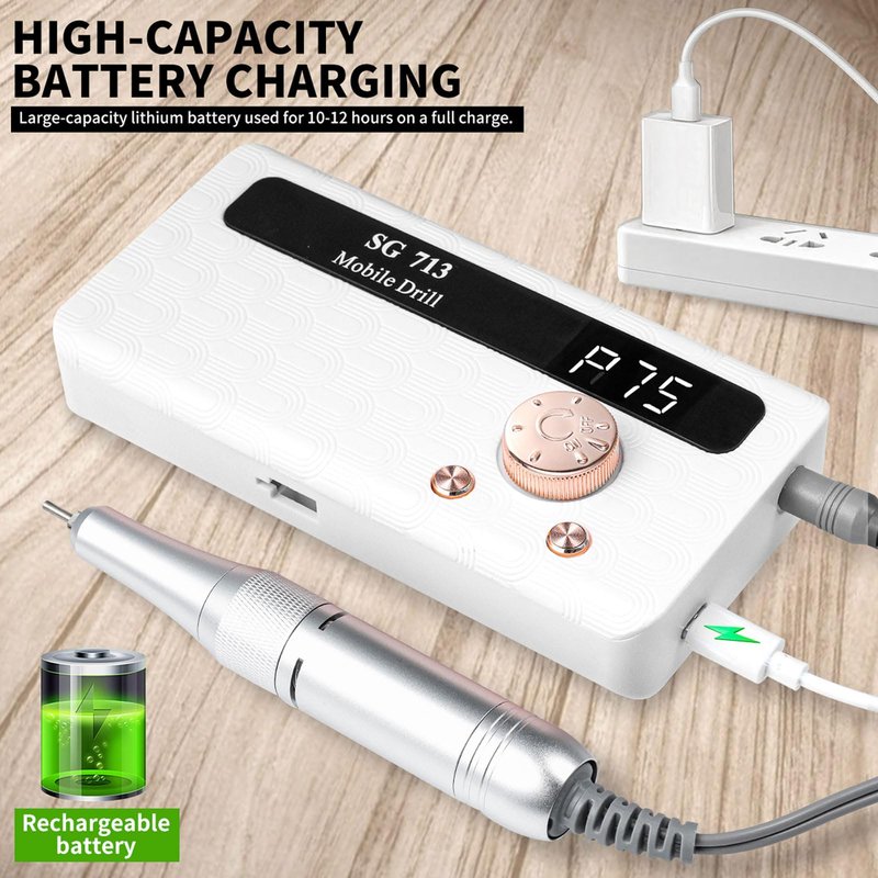 Professional Nail Drill Kit 45000RPM, Portable Electric Nail File with 13 Bits & 56pcs Sanding Bands,LED Screen,Ultra-Silent, Rechargeable Nail Drills Machine for Acrylic Nails Gel Polishing (White)