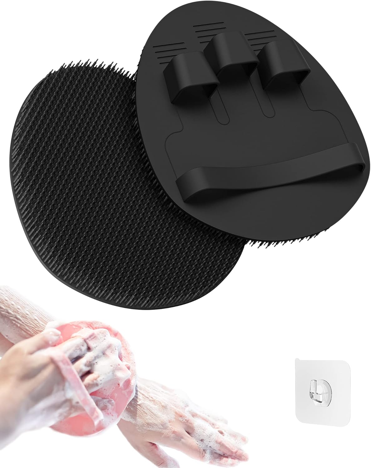 Manmihealth Soft Silicone Shower Brush, Super-Lathering and Deep-Cleaning Body & Face Scrubber, Gentle Exfoliating Bath Glove for All Skin Types, with 2 Free Hooks.(Black + Pink)