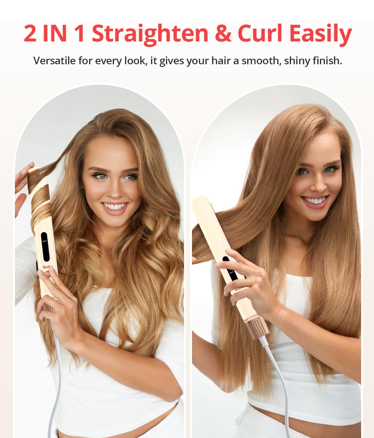 2-in-1 Hair Straightener and Curling Iron, 1" Ceramic Flat Iron & Curling Wand with Ionic & Plant Coating, 6 Adjustable Temperatures, Automatic Shut-Off, Reduces Frizz for Shinier, Smoother Hair