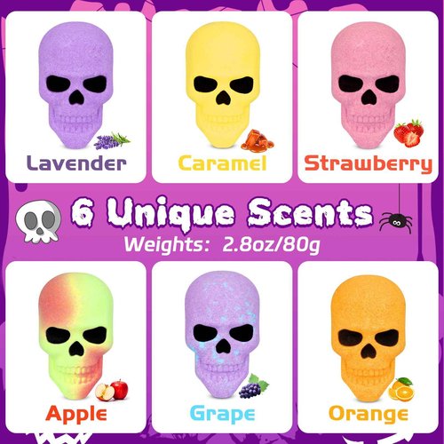 Halloween Bath Bombs for Kids, 6PCS Colorful Skull Bath Bombs with Toy Inside,6 Scented Essential Oil Bubble Bath Fizzy Balls with Pumpkin, Spooky Halloween Toys,Party Favors Gift