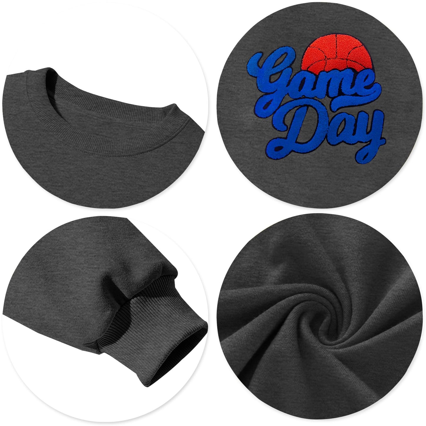 PICKID Basketball Game Day Sweatshirt for Women Game Day Chenille Patch Shirts Basketball Graphic Long Sleeve Tops Grey
