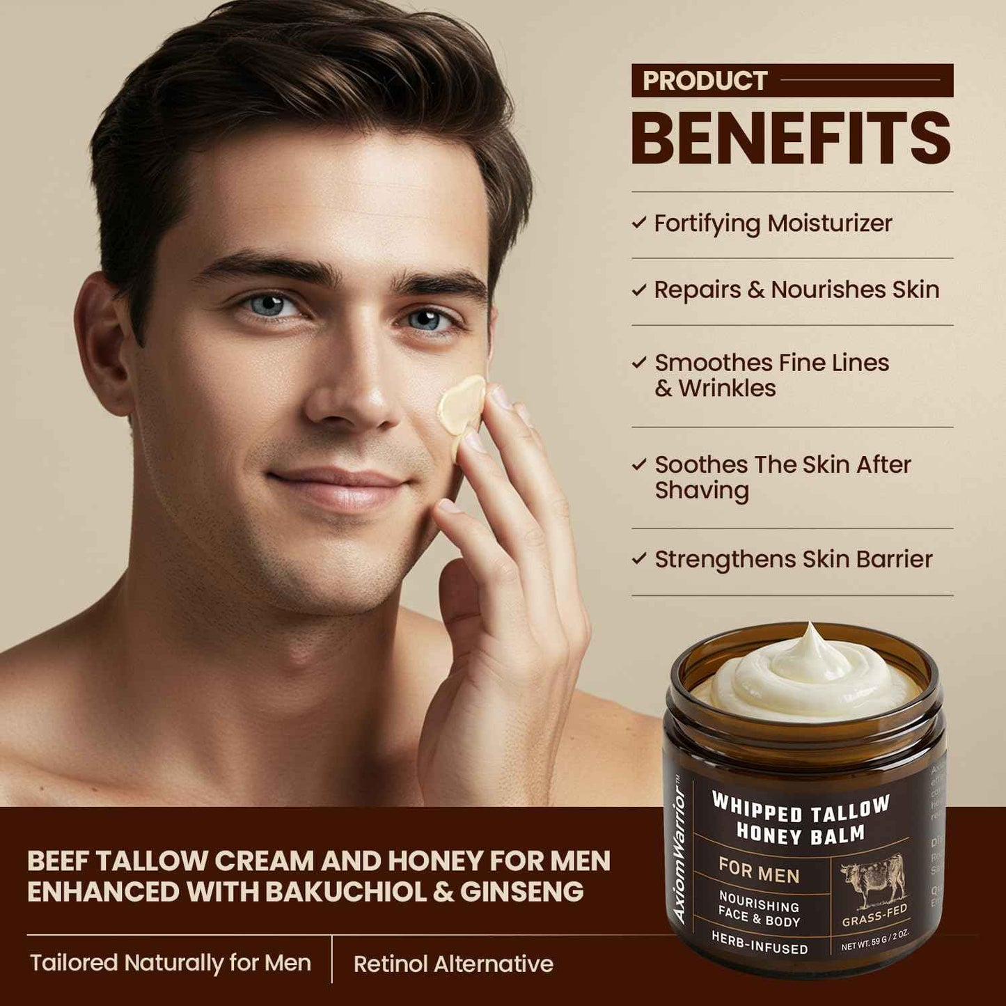 Beef Tallow and Honey Balm for Skin: Whipped Organic Beef Tallow Moisturizer Cream for Face & Body with Grass Fed & Finished - Hydrates, Nourishes & Smoothes - Sensitive, Dry Skin - 2oz