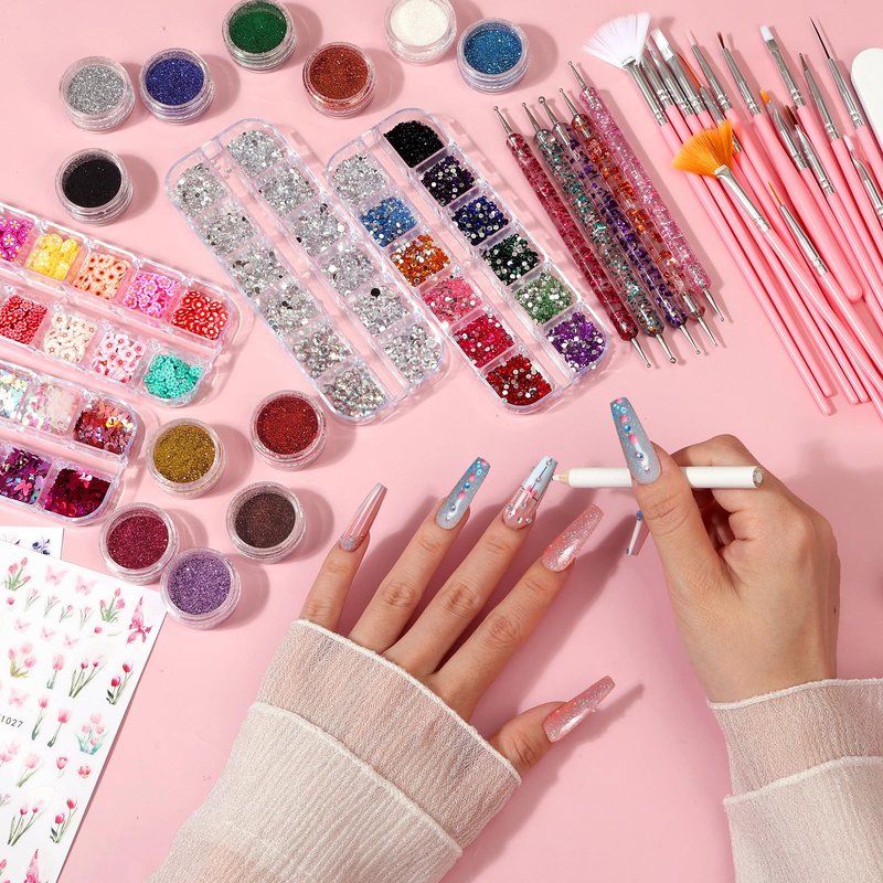 Acrylic Fake Nails Kit Press On Nail Kit with Clear Coffin Nail Tips Nail Display Stand Sequins Sticker Rhinestones Decorations Nail Glue Nail Clay Fine Glitter DIY Nail Art Tool and Supplies