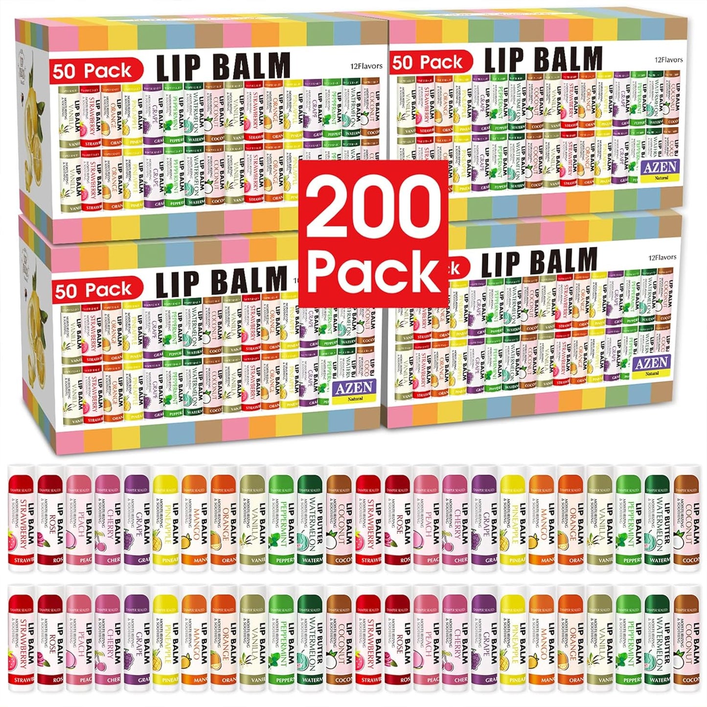 AZEN 24 Pack Lip Balm, Natural Lip Balm Bulk, Lip Care Product, Moisturizing Lip Balms for dry cracked lips - 12 Flavors