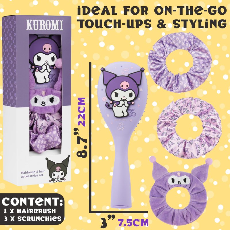 Hello Kitty Sanrio Hair Brush & Scrunchies Set, Kawaii Kuromi, Cinnamoroll Cute Stuff, Detangler Brush, Gifts for Women, Wife, Girlfriend, Girls, Teens (Kuromi Brush & Scrunchies)