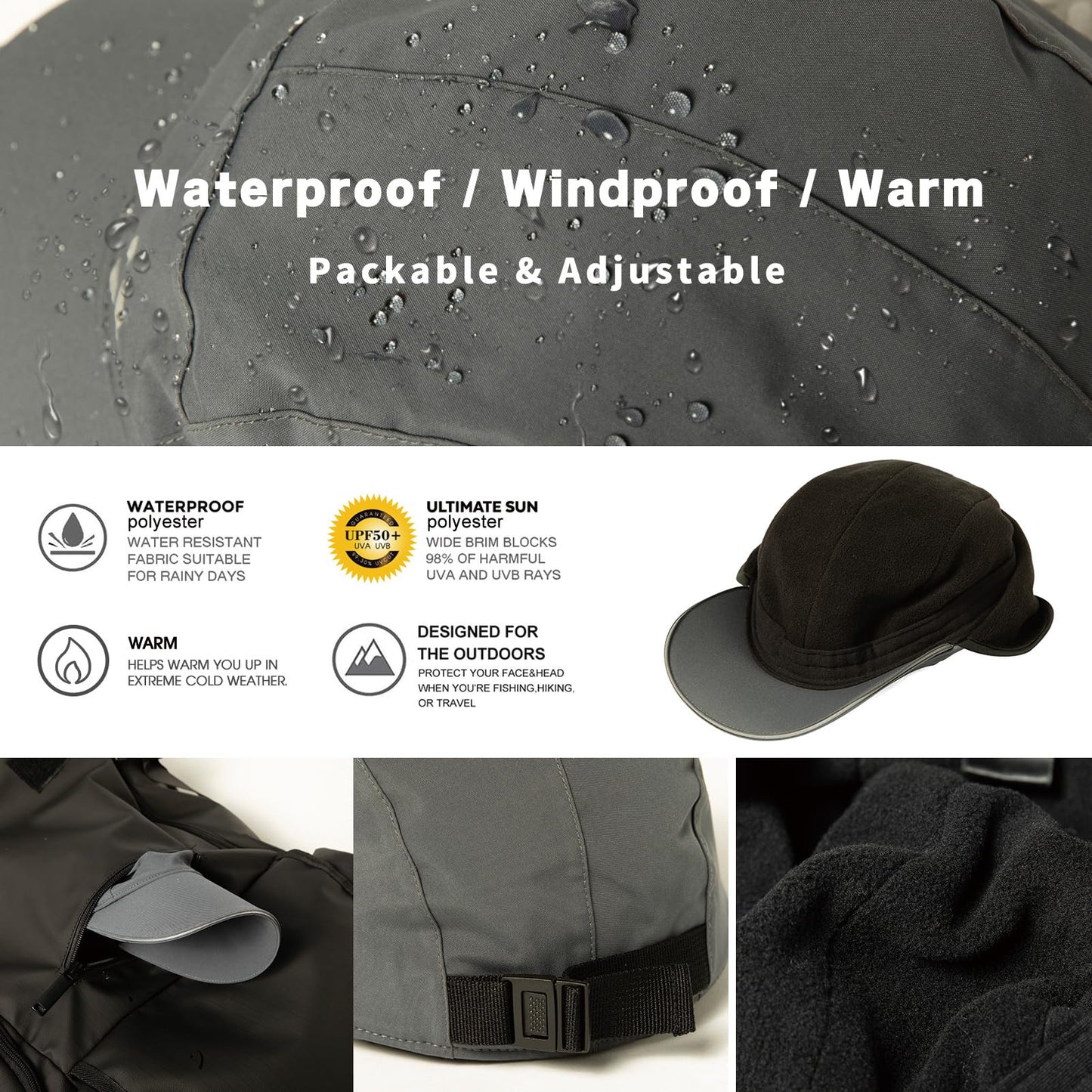 TOP-EX M/L Men Women Waterproof Winter Baseball Cap Fleece Earflap Trapper Hat for Cold Weather Big Heads Gray Large