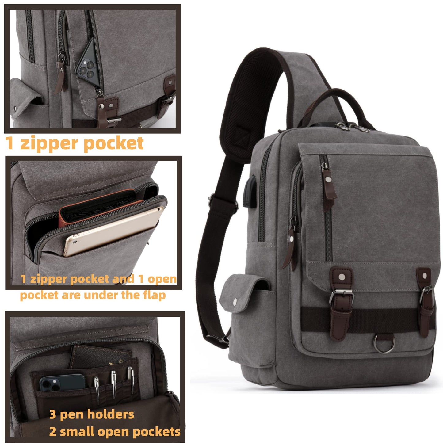 Leaper Retro Crossbody Bag Sling Bag Canvas Messenger Bag for Men Women Shoulder Bag Crossbody Handbags Satchel Brownish Gray, XXL