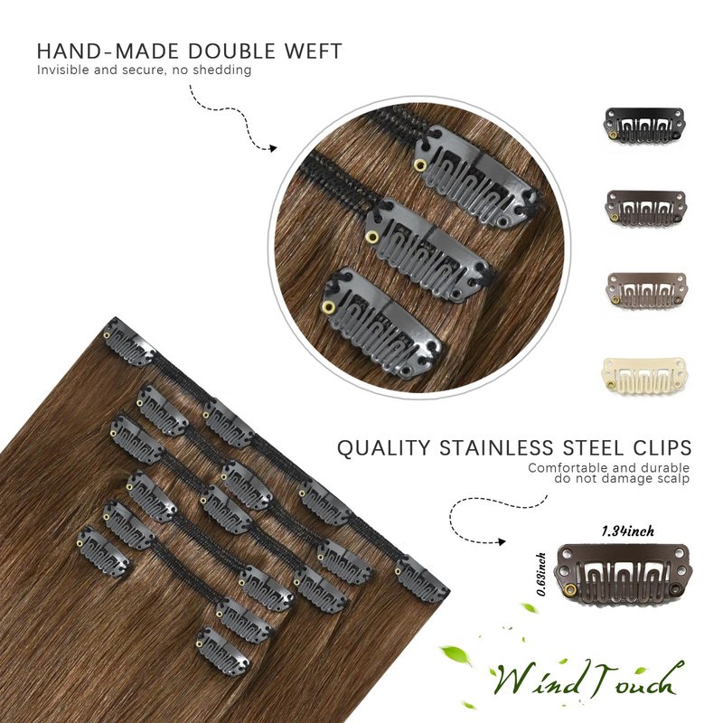 WindTouch Clip in Hair Extensions Light Brown Hair Extensions 12Inch 75g 7PCS Human Hair Clip in Extensions #6 Chestnut Brown Extensions for Women
