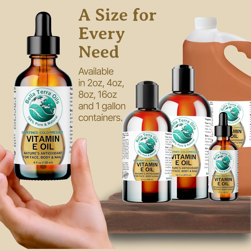 Bella Terra Oils Natural Vitamin E Oil 8oz – Moisturizing Wheat Germ Oil for Face, Body & Hair Care