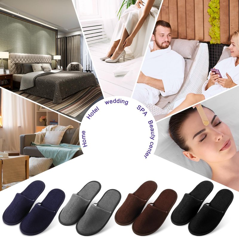 Geyoga 12 Pair Disposable House Slippers for Guests Non Slip Spa Hotel Disposable Slippers Washable Reusable for Wedding Bride Travel Shoeless Home Bathroom(Black, Brown, Navy Blue, Dark Gray,L)