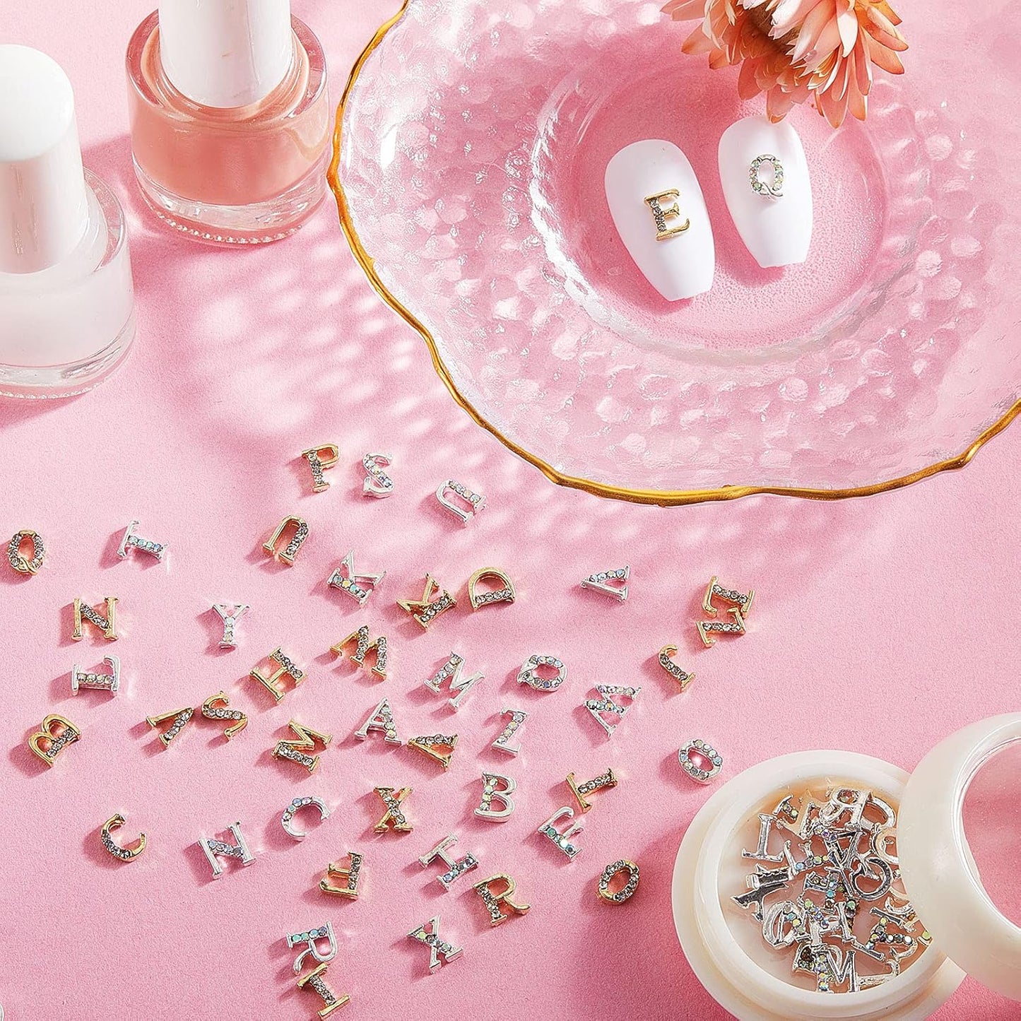 Gold & Silver 3D Letter Nail Charms - 104 Pcs Rhinestone Crystal Alphabet Decals for DIY Fingernail Art
