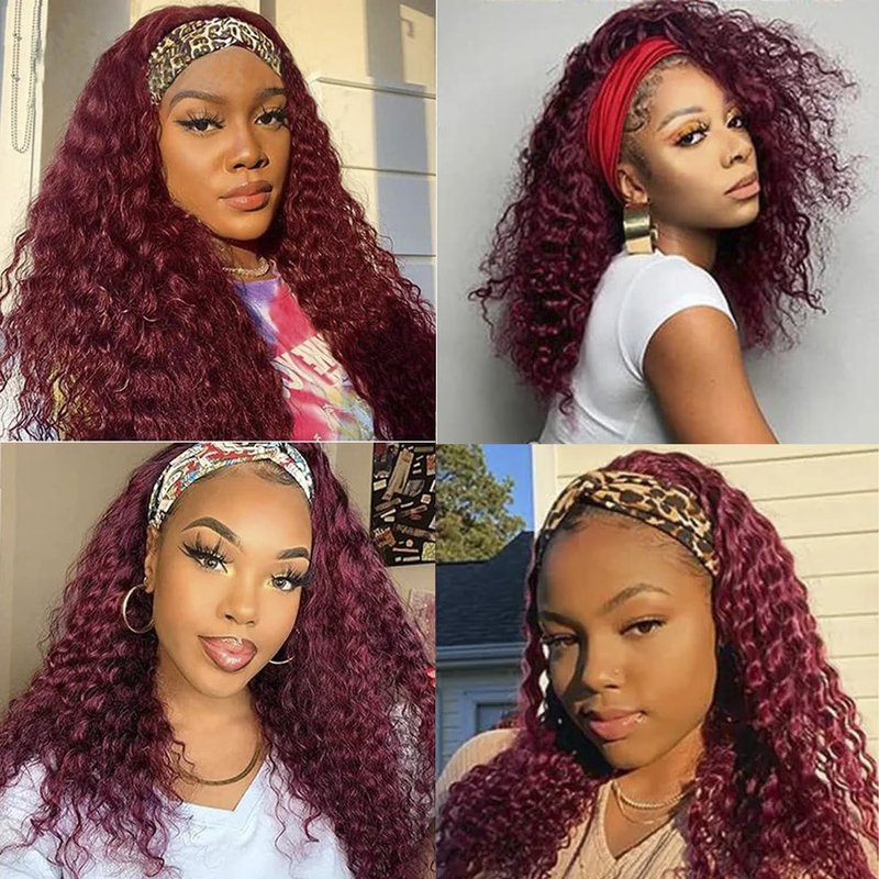 Bellarayine Headband Wig Human Hair Deep Wave Human Hair Headband Wig Glueless Curly Hair Human Hair Wigs None Lace Front Wigs for Black Women Human Hair (14inch,99J)