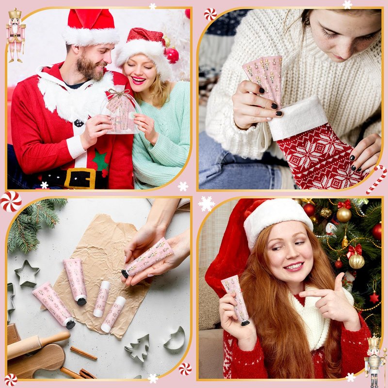 Dansib 24 Sets Christmas Pink Nutcracker Hand Cream and Candy Lip Balm Gift Christmas Party Favors Travel Size Hand Lotion and Lip Balm Bulk Wedding Bridal Baby Shower Party Supplies for Guest