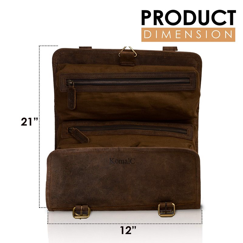 KomalC Premium Buffalo Leather Hanging Toiletry Bag Travel Dopp Kit (Distressed Tan)