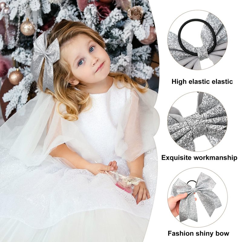 Yunsailing 40 Pcs 8 Inch Large Glitter Cheer Hair Bows Bulk, Shiny Cheerleading Bows Ponytail Holder for Cheerleader Girls Softball Sports and Christmas Tree Decor(Silver)