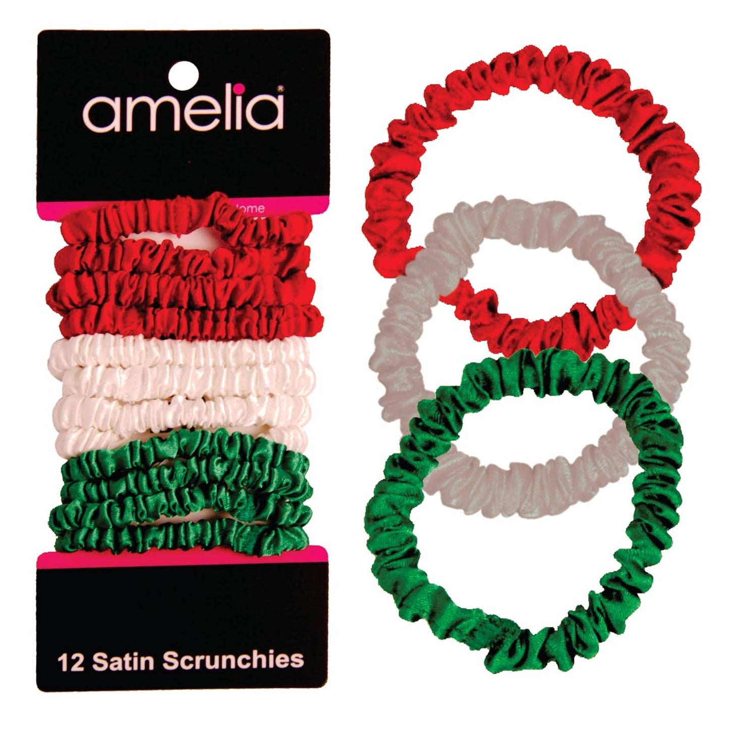 Amelia Beauty, Black, Skinny Satin Scrunchies, 12 Pack – 2in Diameter, Gentle & Strong Hold, No-Snag, No-Dent, Crease-Free Hair Ties