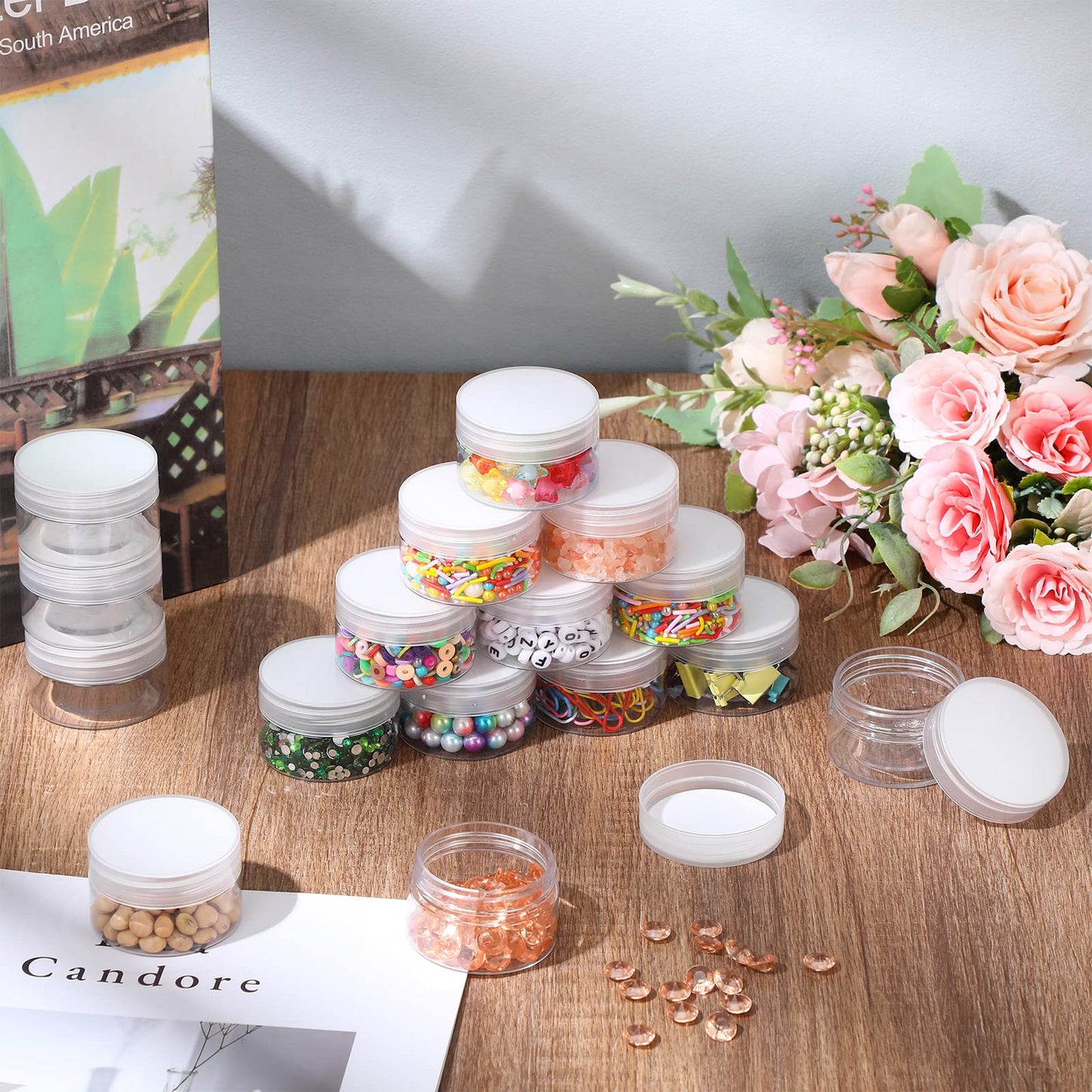 eBoot 150 Piece 1 Oz Plastic Container Jars with Lids Round Clear Cosmetic Jars Empty Clear Plastic Jars for Lotion, Cream, Ointments, Makeup, Eye Shadow, Rhinestone, Samples, Pot, Travel Storage