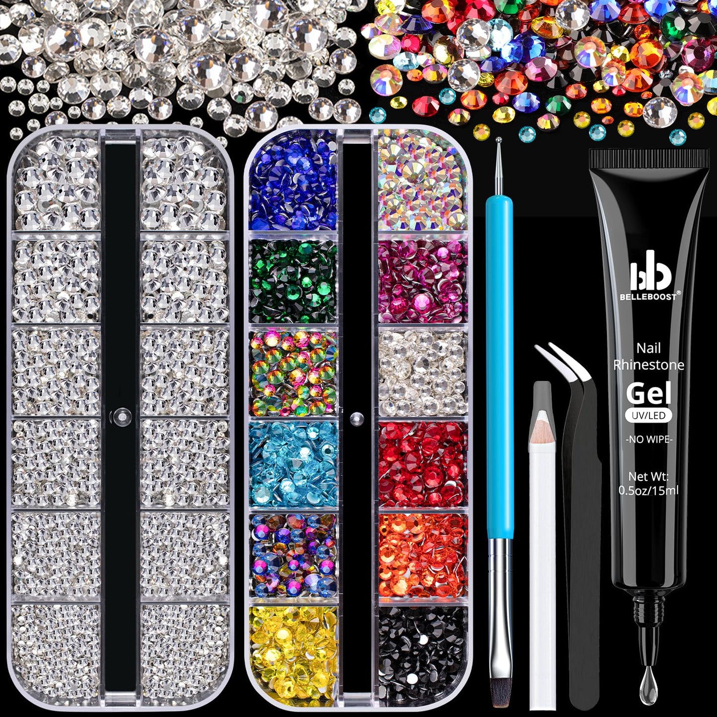 3220Pcs Champagne Gold Nail Rhinestones 120Pcs Multi Shapes Flatback Gems Charms Crystal+3100Pcs 1.5-4mm Round Beads, Glass Diamond Gemstones for Bedazzling Acrylic Nails Decoration