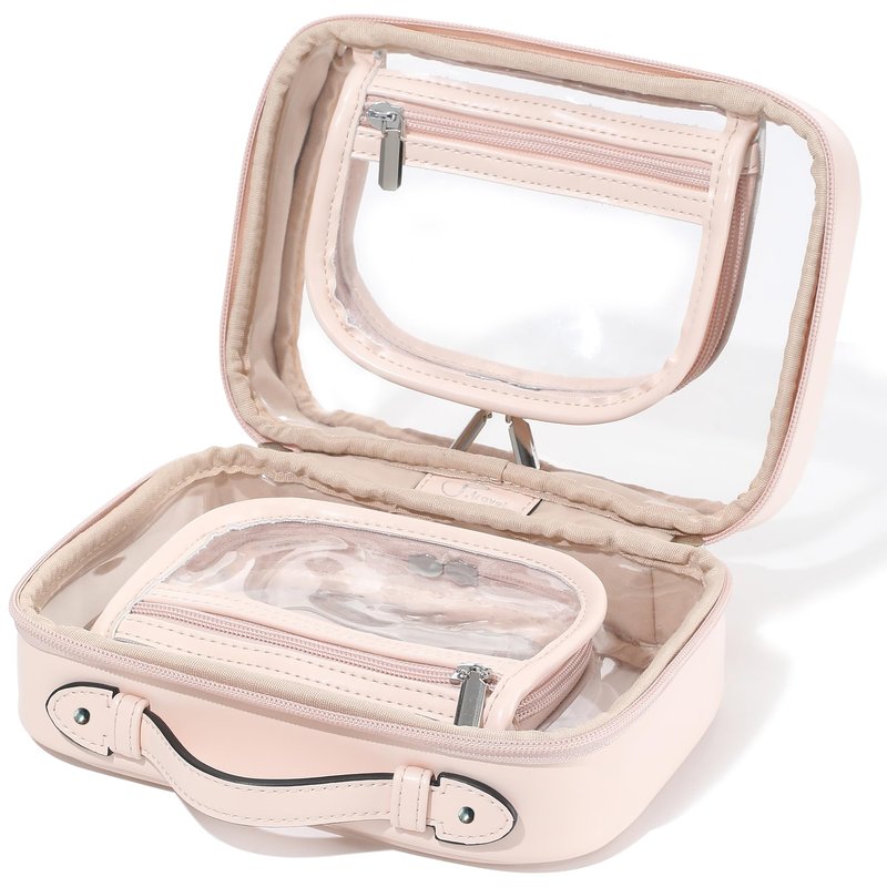 Veki TSA Approved Toiletry Bag Transparent Makeup bag Double Travel Cosmetic bags Case Waterproof Toiletries Bag Large Capacity Open Storage bag Organizer for Women and Girls (Large Pink)