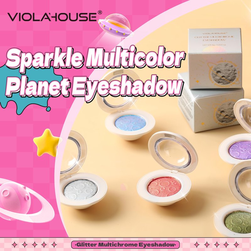 VIOLA HOUSE Glitter Eyeshadow Palette, Holographic Shimmer Eye Shadow,Multichrome Metallic Eye Makeup Pigment, Vegan & Cruelty-Free, Long-Lasting, Unique Planet Design3g/0.1oz(Silver)