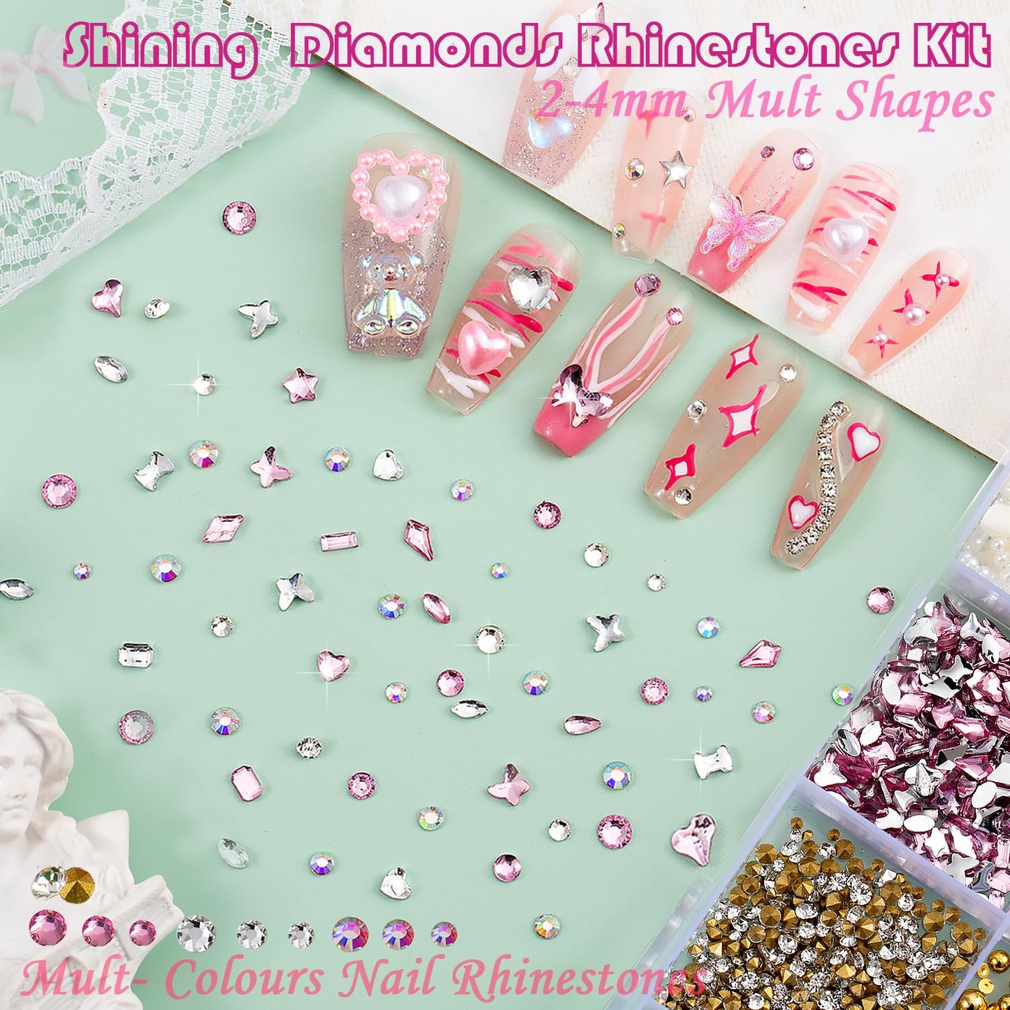 10000pcs Nail Charms and Gems:Pink Cute Bow Heart 3D Flower Charms for Junk Cases kit;Gold Chunky Butterfly Charms for Nails Design,nail jewels Diamond Rhinestones for Nails;Beads Pearls for Nails Art