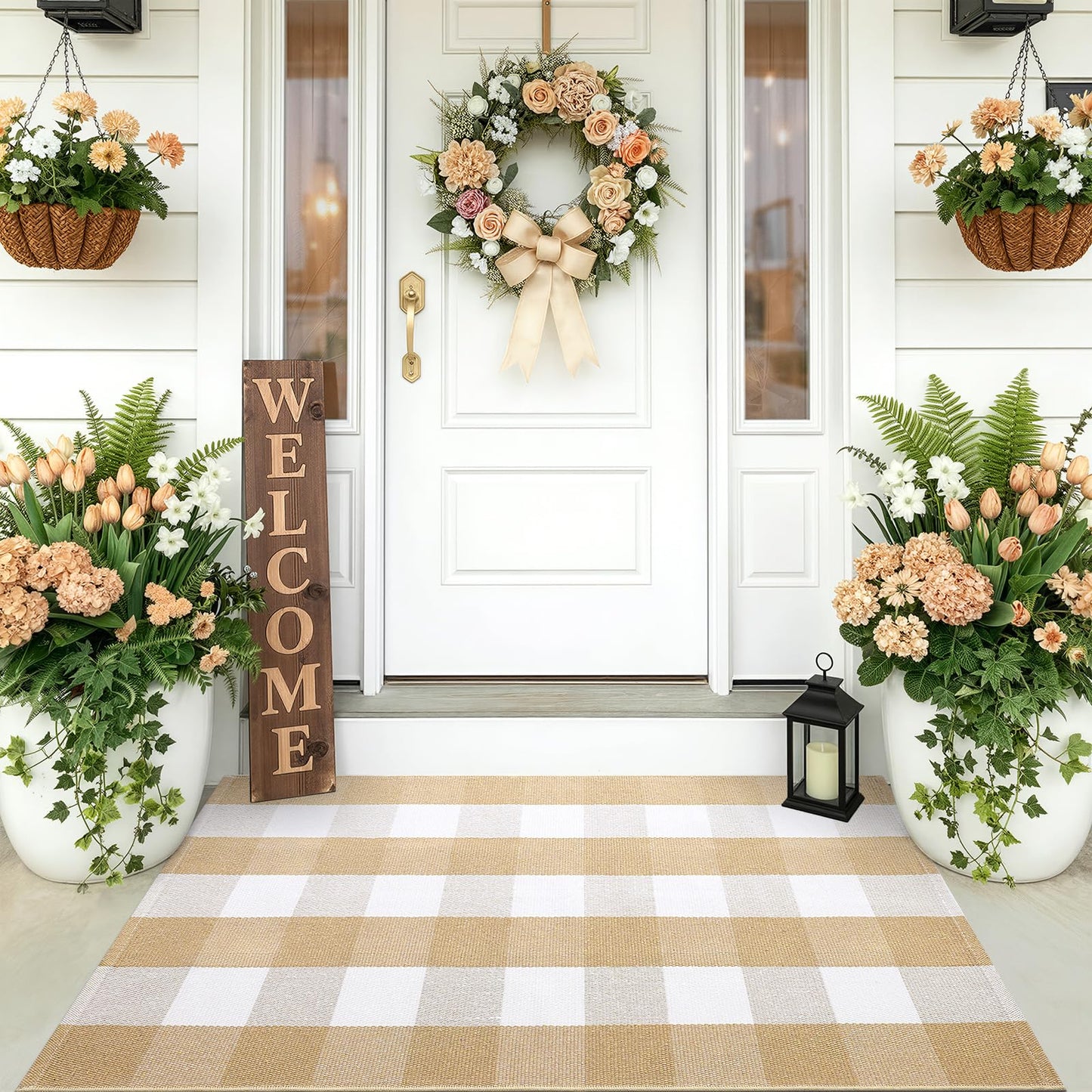 OLANLY Buffalo Plaid Rug 2' x 4'3" – Beige and White Cotton Checkered Doormat, Washable Indoor Outdoor Rug for Layered Front Porch, Kitchen, Entryway Decor