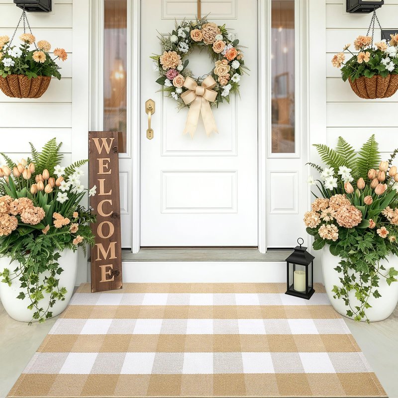 OLANLY Buffalo Plaid Rug 2' x 4'3" – Beige and White Cotton Checkered Doormat, Washable Indoor Outdoor Rug for Layered Front Porch, Kitchen, Entryway Decor