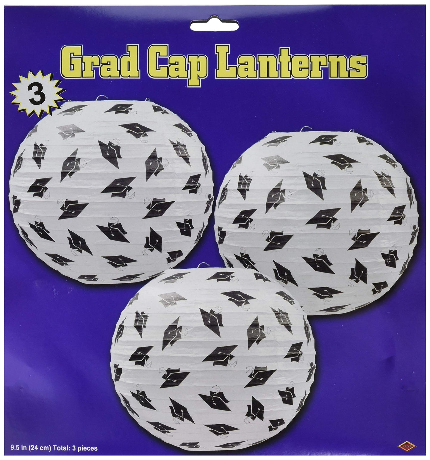 Beistle Grad Cap Paper Lanterns 3-Count Black and White Graduation Party Hanging Decorations, High School College University Commencement Celebration Supplies, 9.5”