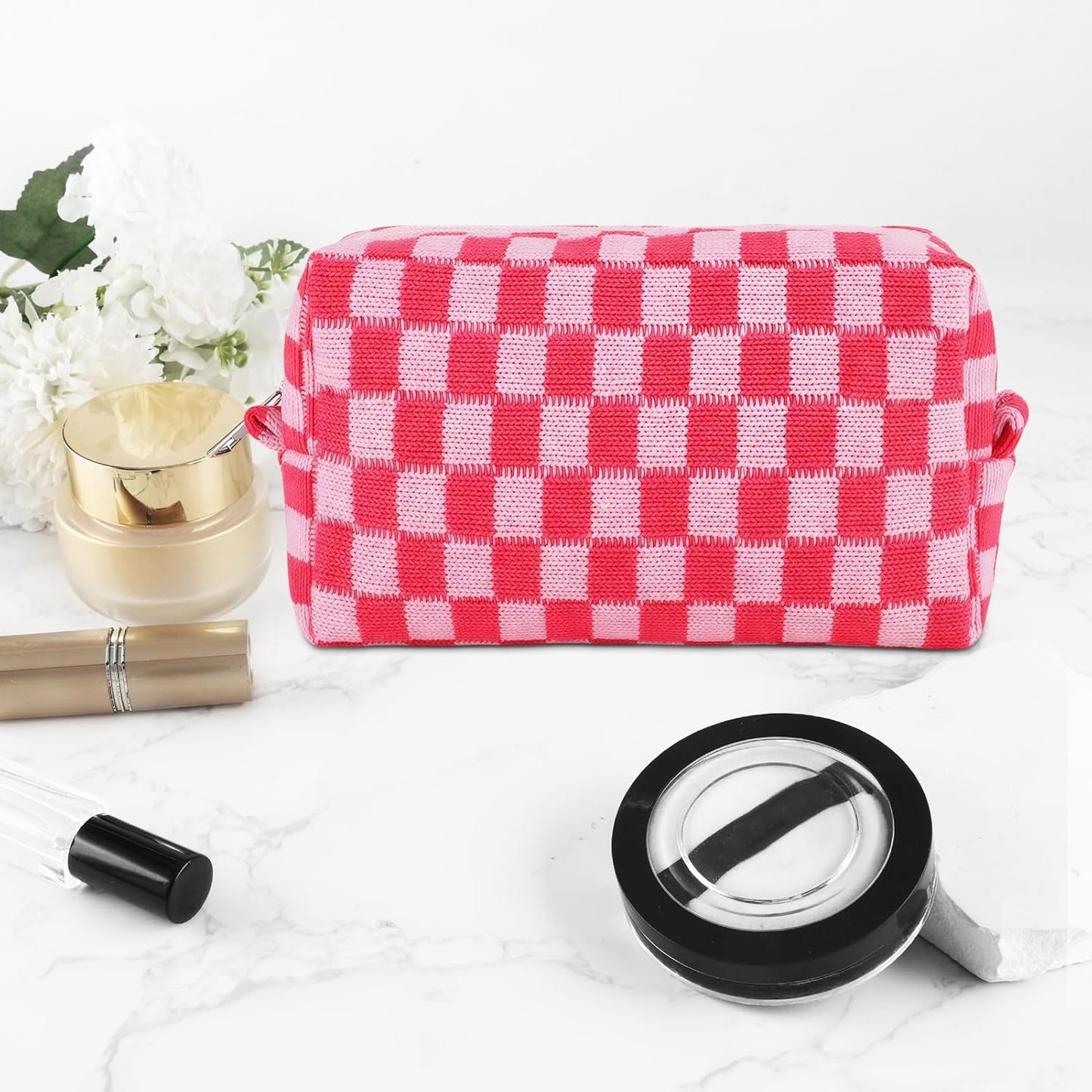 Checkered Pencil Case Set - Cute 6-Piece Pouch for Teens | Pink Medium Makeup & Travel Organizer