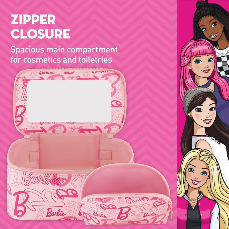 Concept One Barbie 2-Piece Women's Makeup Bag, Two Zipper Travel Cosmetic Zipper Pouch Organizer with Logo, Pink