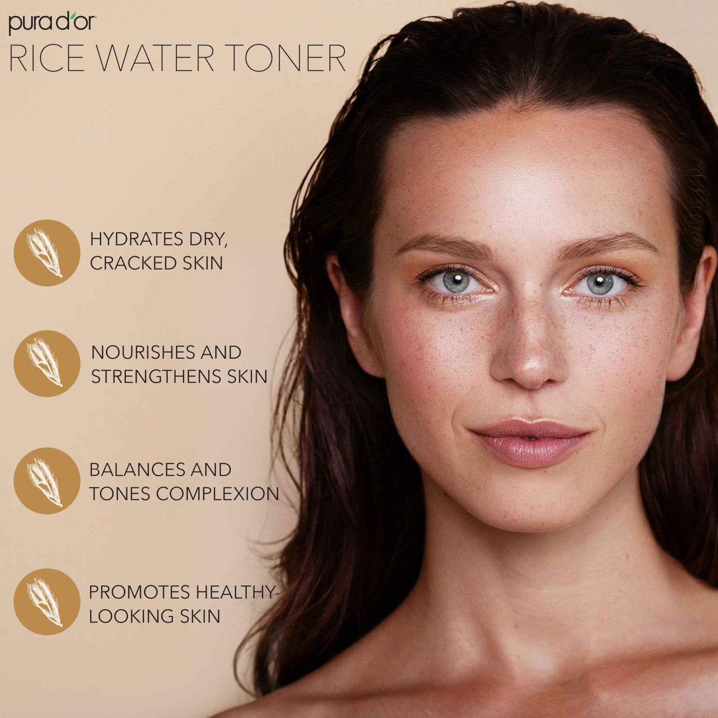 PURA D'OR 3.3 Oz Rice Water Facial Toner - Hydrating, Balancing & Soothing Formula with Natural Extracts - Skin Texture Support for Radiant Skin - Alcohol-Free - Travel Size