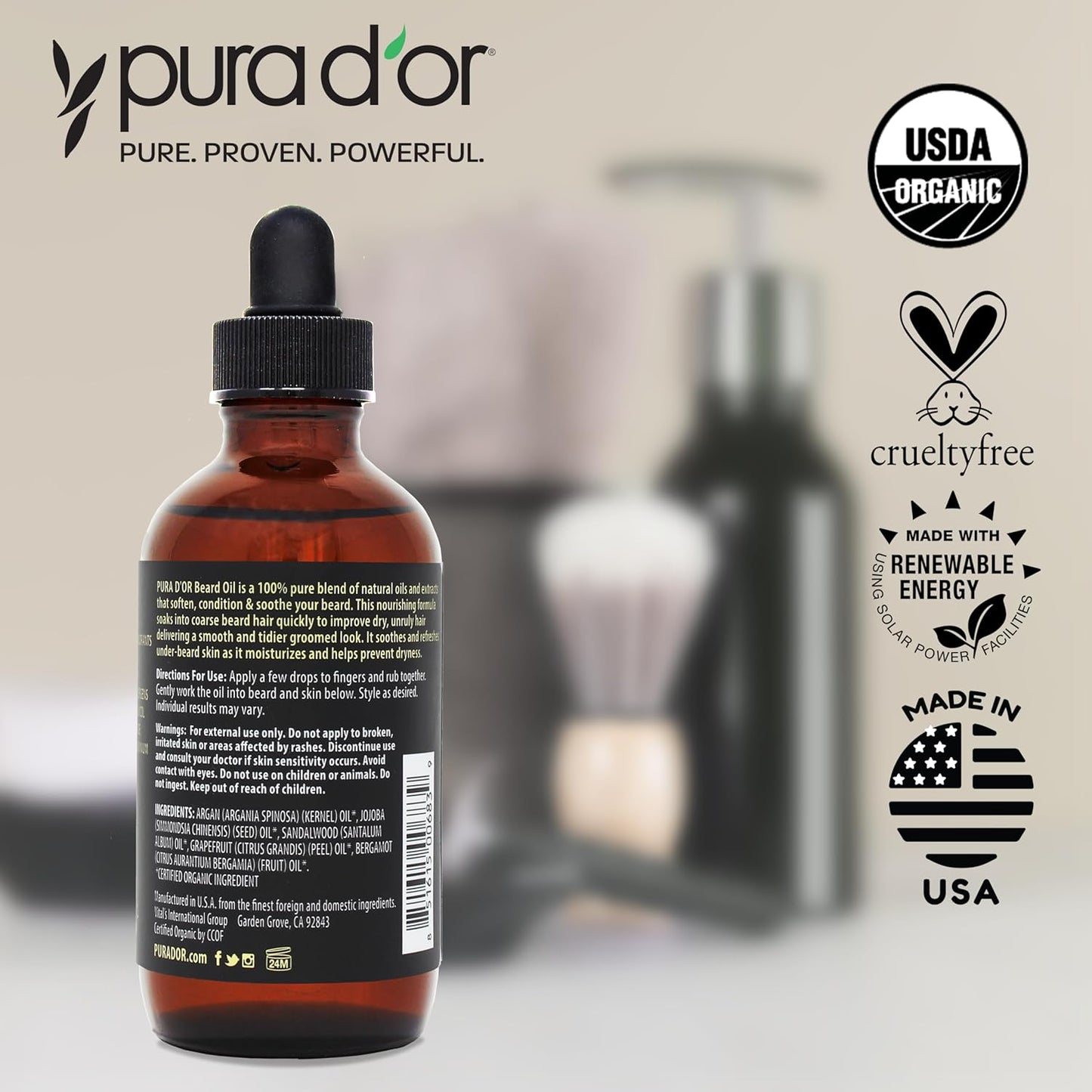 PURA D'OR Organic Beard Softening Oil - Sandalwood Scent | Argan & Jojoba Oil for Softness & Strength - 4 Oz