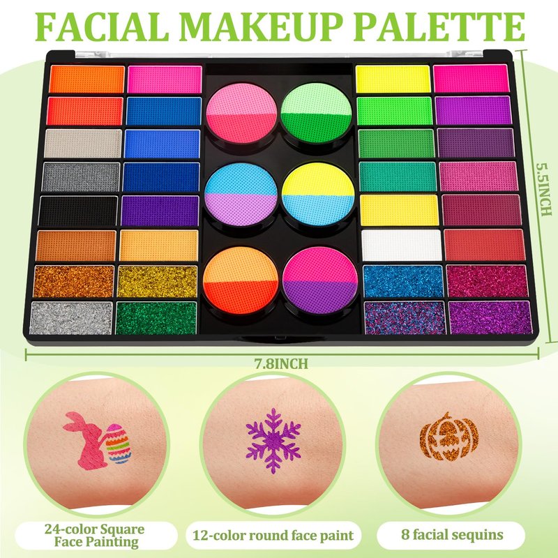 Face Painting Kit – 44 Color Face painting Makeup Kit, Non-toxic Water Activated paint palette with Palette,Stencils, Brushes, Gems, Puff, for Kids Party Cosplay Halloween Christmas Carnival.