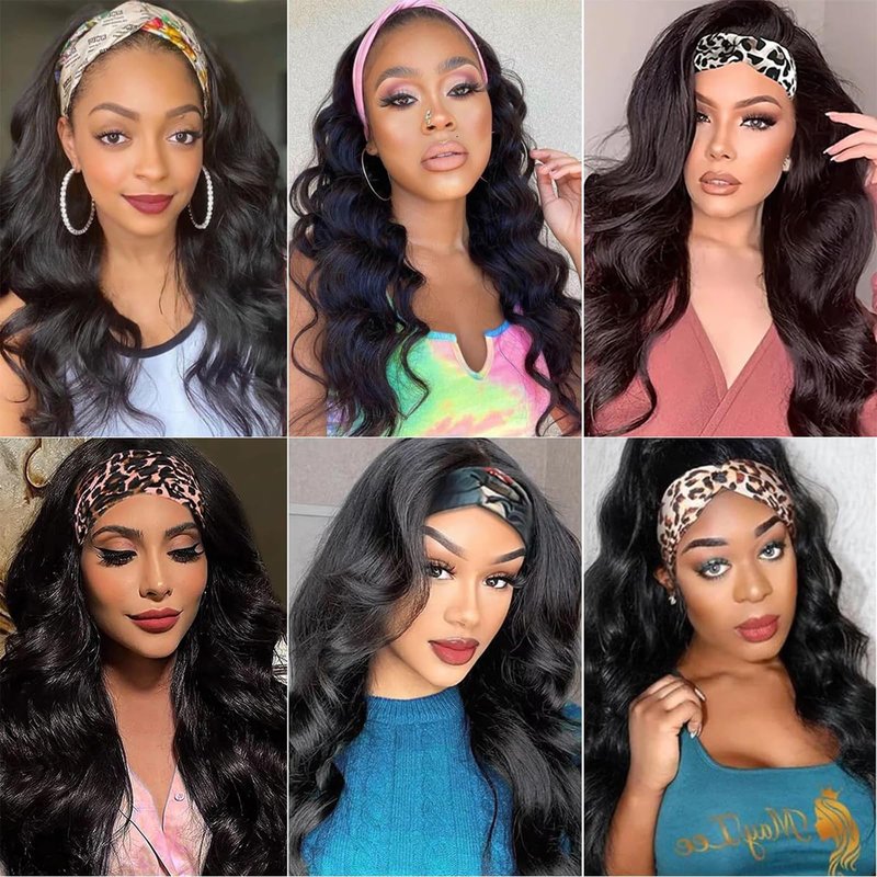 Headband Wig Human Hair Body Wave Headband Wigs None Lace Front Half Wig Glueless Virgin Brazilian Body Wave Machine Made Wigs for Black Women Brazilian Virgin Human Hair 16 Inch Natural Color