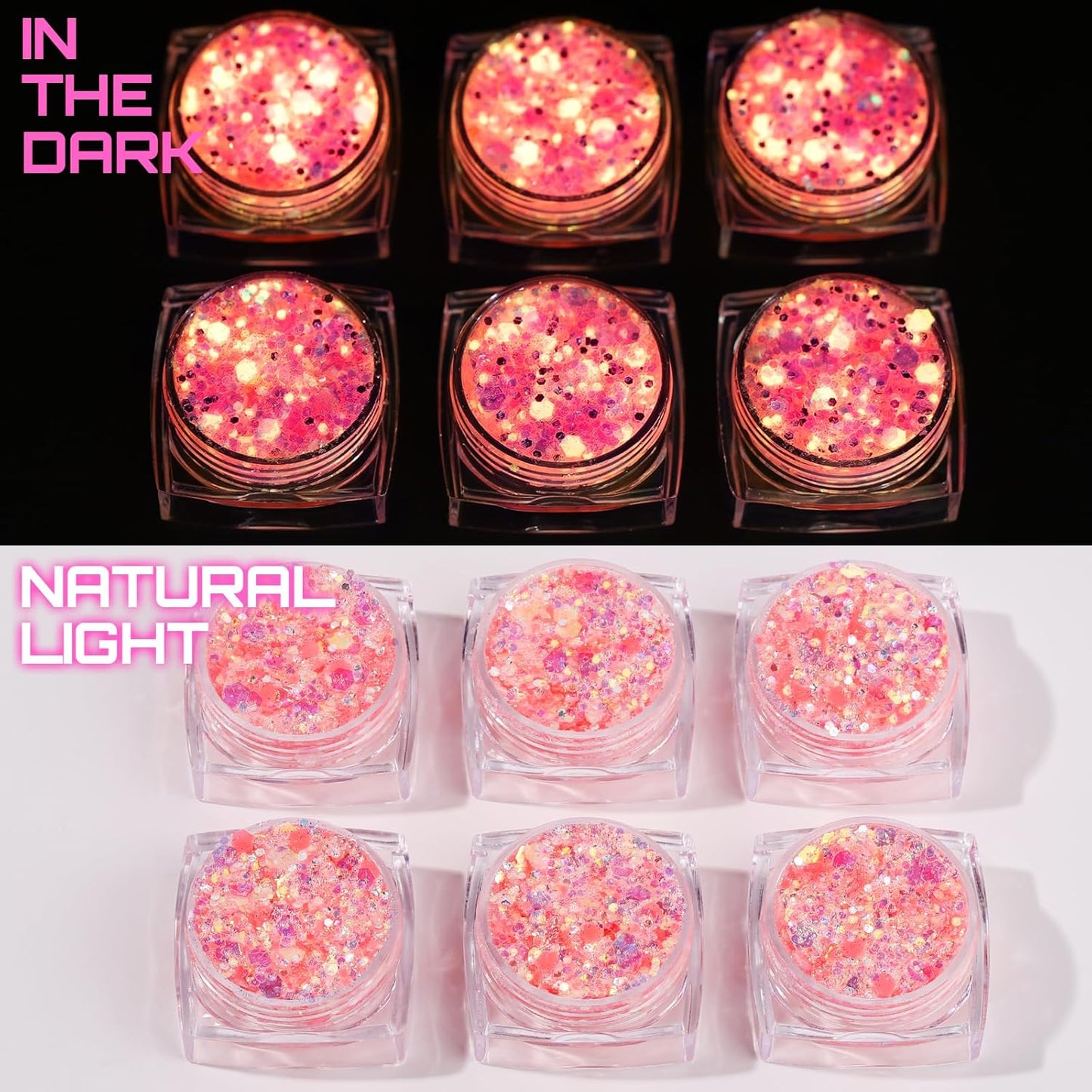 Teenitor 6 Colors Glow in The Dark Glitter Gel, Face Glitter Gel, Body Glitter Hair Glitter for Halloween Makeup UV Black Light Party Cheer Raves Festivals