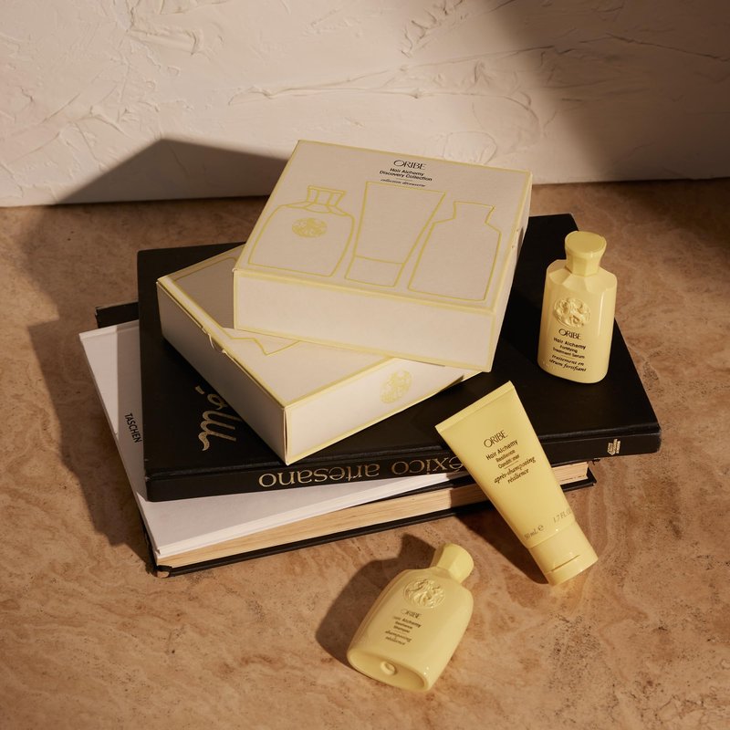Oribe Hair Alchemy Discovery Travel Set - Prevents Breakage & Strengthens Weak, Fragile Hair - Hydrates & Softens - Strengthening Shampoo (2.5 oz), Conditioner (1.7 oz) & Serum (2.5 oz)