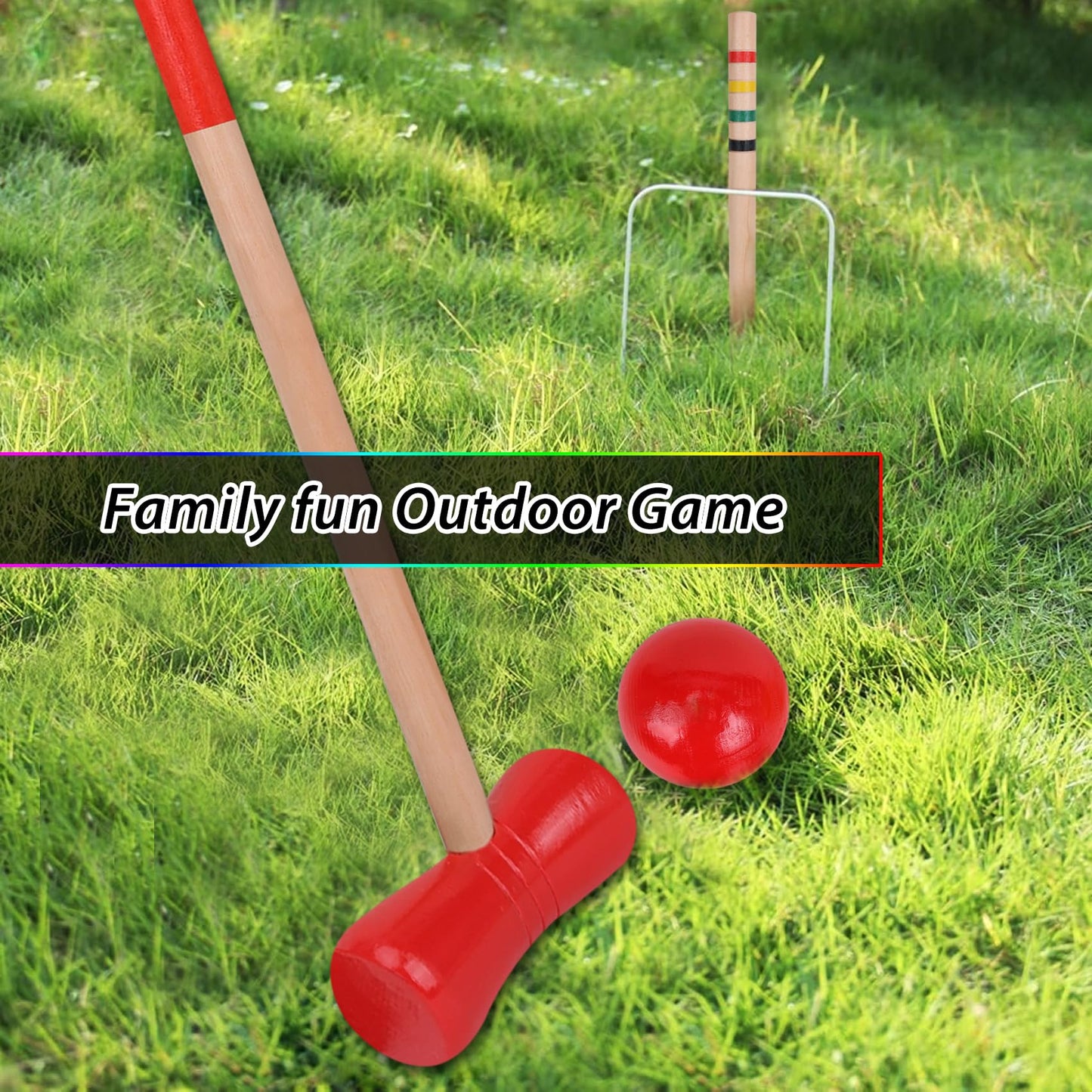 GOTHINK 4 Players Croquet Set with Wooden Balls for Adults & &Kids - Summer Outdoor Games for Lawn Backyard Activity - 30Inch Wooden Mallets,Colored Ball, Wickets, Stakes