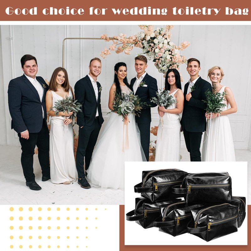 Hillban 6 Pcs Groomsmen Gift Men Travel Toiletry Bag, Bestmen Gifts Set, Leather Toiletry Bag with Side Handle Water Resistant Bathroom Supplies for Wedding Party Favor(Black)