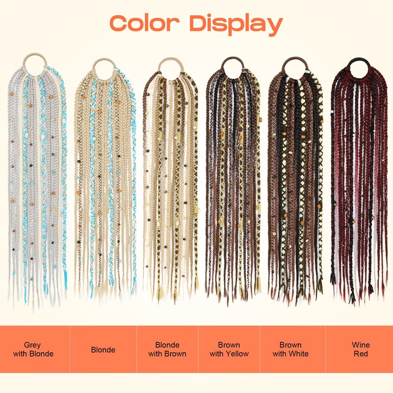 SEIKEA 2PCS Boho Braided Ponytail Extension with Hair Tie, 24" Long Viking Dreadlock Beads Ponytail Hand-braided Braids Hair Extensions Lightweight Natural Synthetic Hairpiece for Festival Cosplay