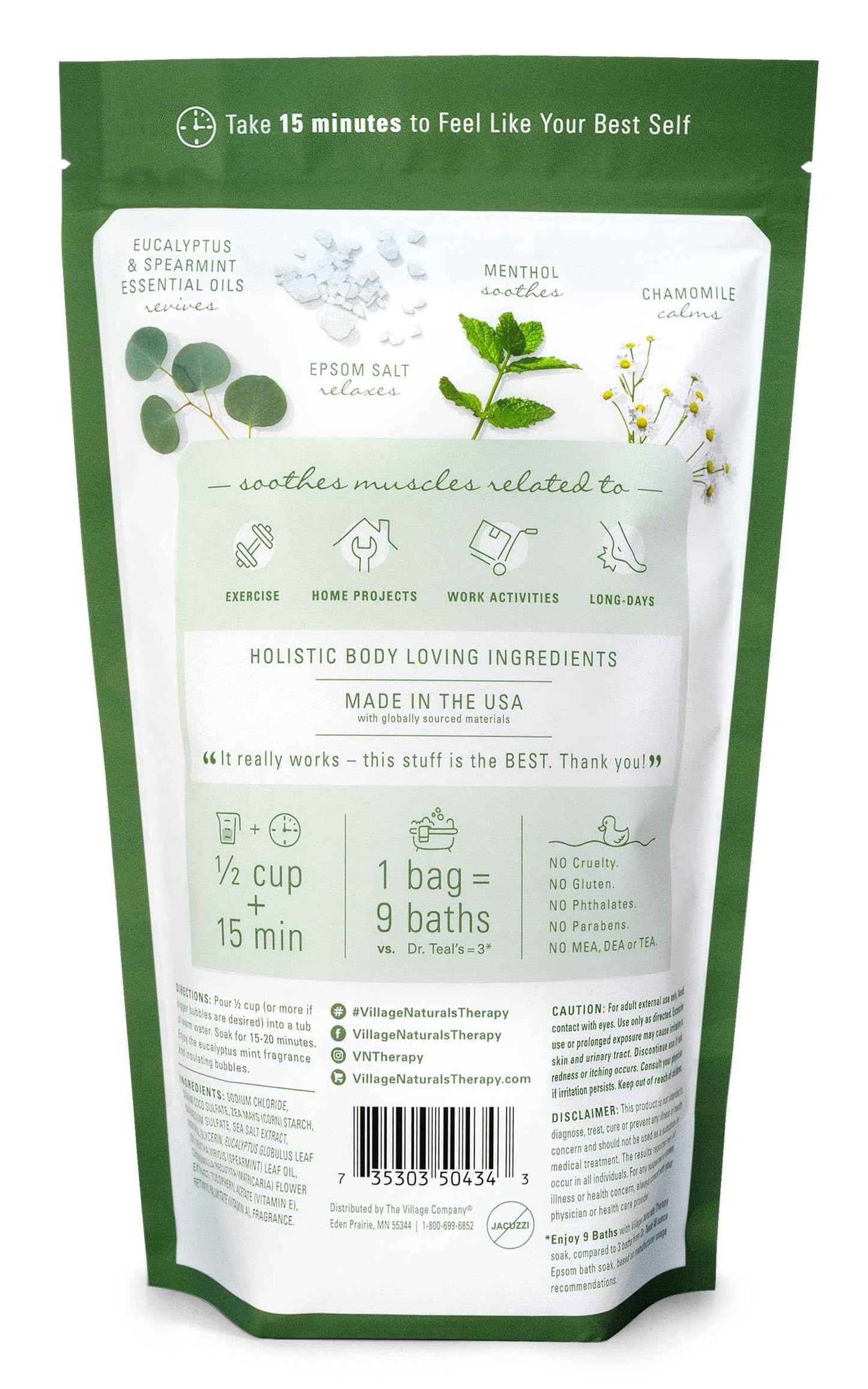 Village Naturals Therapy Muscle Foaming Epsom Soak, Eucalyptus Mint Scent, 36 oz, Pack of 2