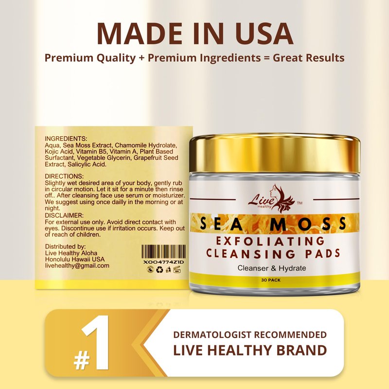 Live Healthy The Original Kojic Acid & Sea Moss Cleansing Pads - Natural, Face Cleanser, with Vitamin E, Glycolic Acid & Hyaluronic Acid - Clears Acne, Face Peel Toner Pads - Made in USA | 30 Pack