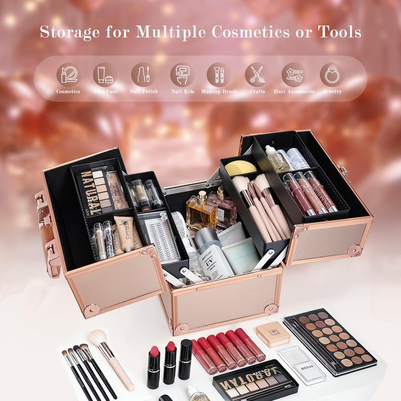 FRENESSA Makeup Train Case Makeup Case Travel Cosmetic Box Organizer Portable Make Up Box with Dividers Lockable for Artist Nail Sewing Vanity Storage Makeup Travel Case Rose Gold