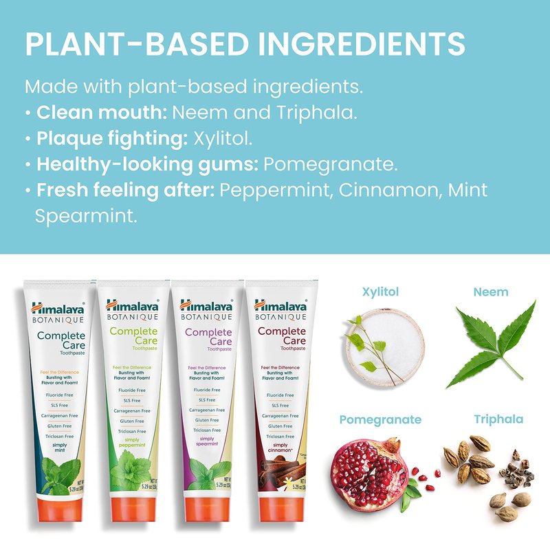 Himalaya Botanique Complete Care Toothpaste, Herbal, Variety Pack, Fights Plaque, Freshens Breath, Fluoride Free, No Artificial Flavors, SLS Free, Cruelty Free, Foaming, 5.29 Oz, 4 Pack