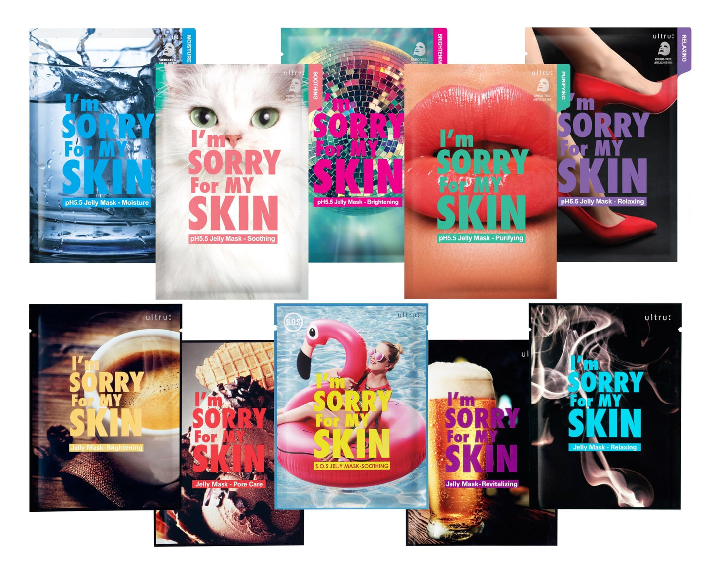 I'M SORRY FOR MY SKIN Jelly Mask Full Set for Skin Stress Relief, Korean Skin Care Travel Essentials Kit, K-Beauty Hydrating Face Mask Sheets, Gifts for Women (Pack of 10)